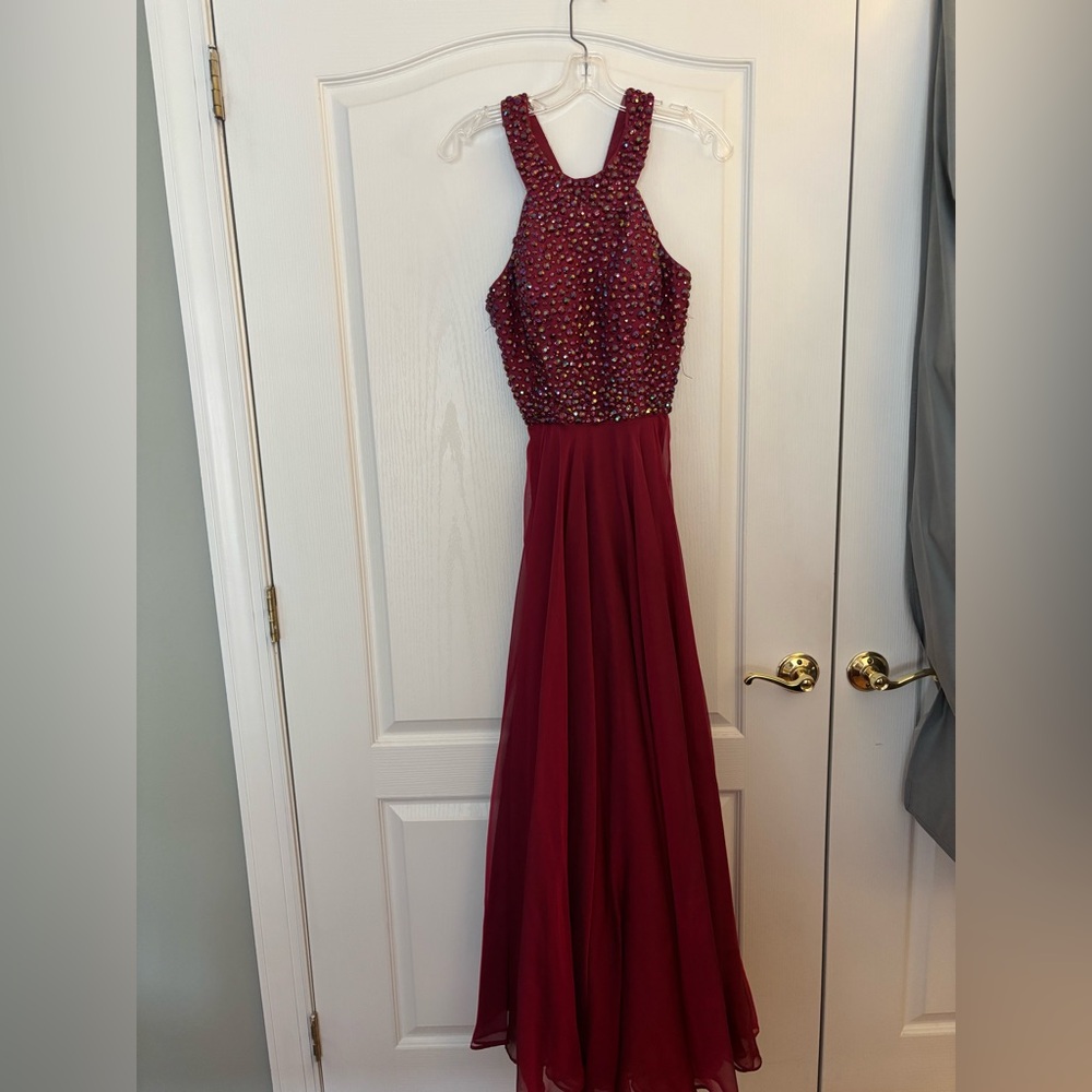Sherri Hill Beaded Raspberry High Neck Prom Dress
